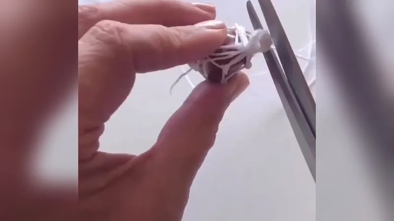 Una tijera que corta los hilos sobrantes al lado de la gema envuelta en hilo blanco