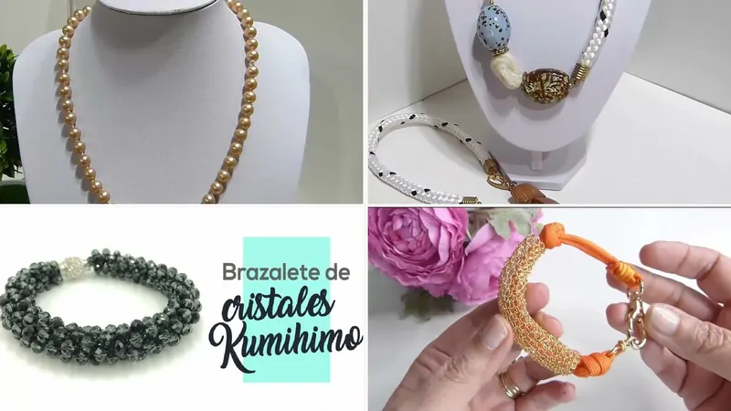 Cuatro piezas de bisutería: un collar de perlas sobre un busto, un collar de cuerda blanca con cuentas de cerámica, un brazalete de cristales negros y un brazalete de alambre tejido dorado con cordón naranja